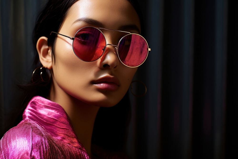 A Indonesian woman south east asian wear fashionable Fuchsia sunglasses portrait adult photo.