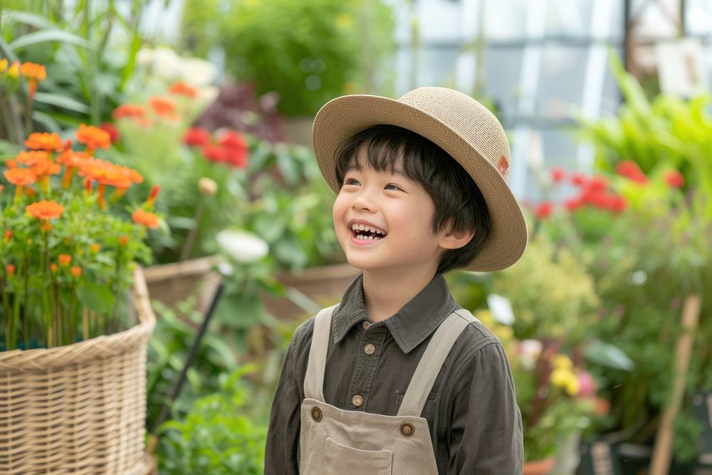 Japanese kid Florist outdoors smile child.