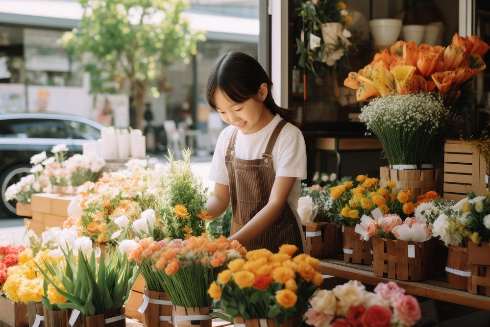 Japanese kid Florist market flower plant.
