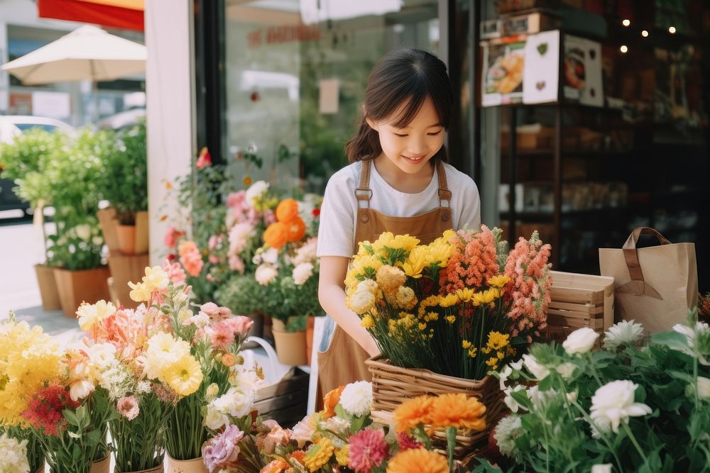 Japanese kid Florist market flower plant.