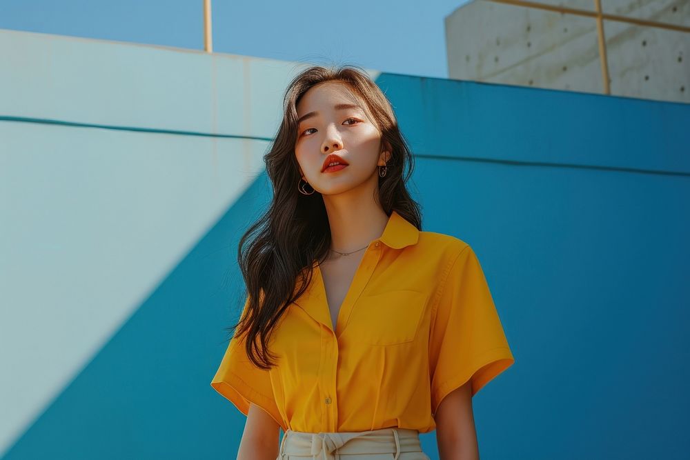 Korean woman standing wearing a minimal colorful outfit portrait blouse contemplation.
