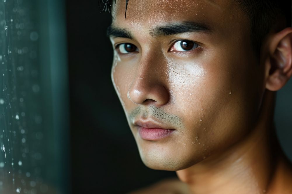 A young Malaysian man Healthy skin face contemplation portrait.