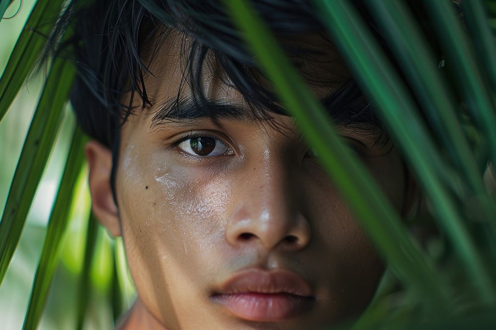 A young Indonesian man Healthy skin face contemplation loneliness.