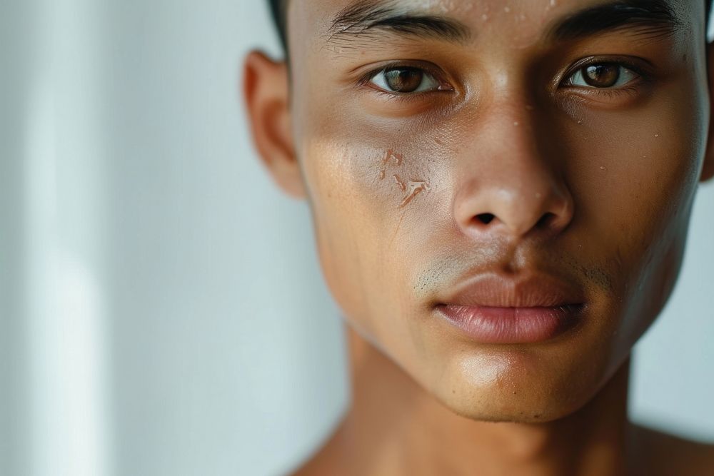 A young Indonesian man Healthy skin face forehead headshot.