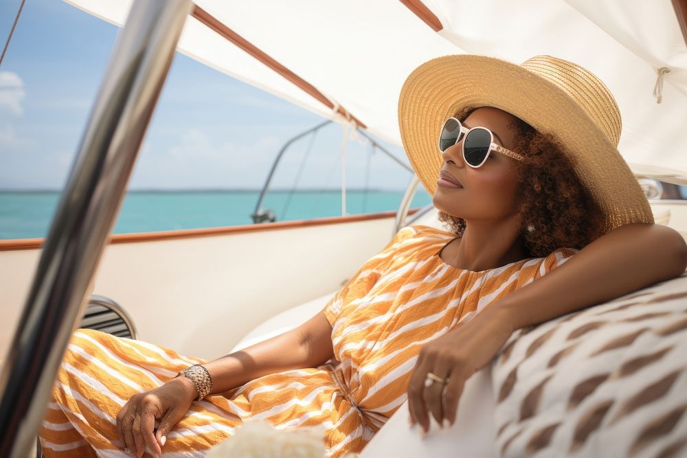 African middle age woman sunbathing sitting yacht tranquility.
