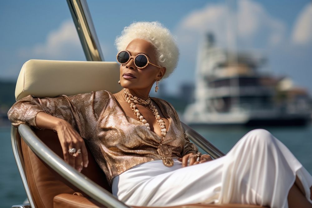 African senior woman sunbathing yacht vehicle sitting.