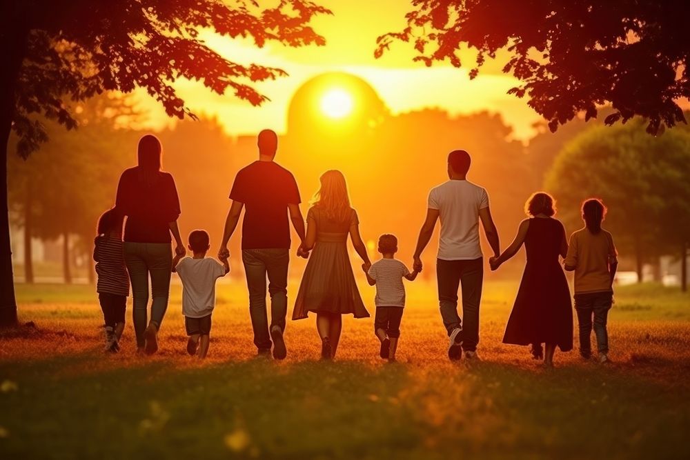 Large family in the park walking silhouette sunset.