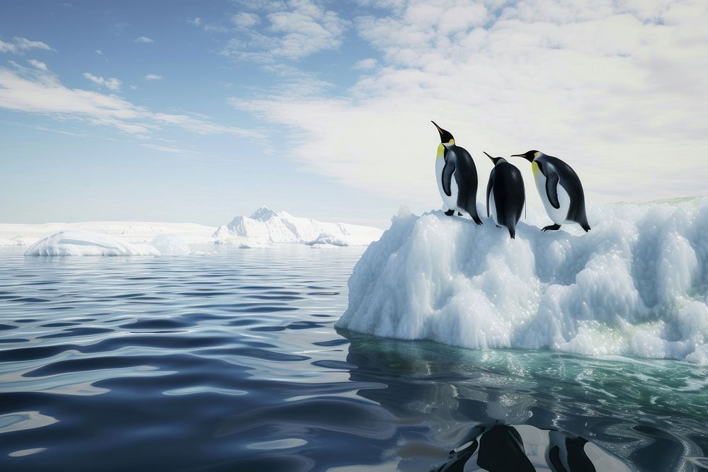 Penguins standing on top of a frozen iceberg outdoors nature animal.