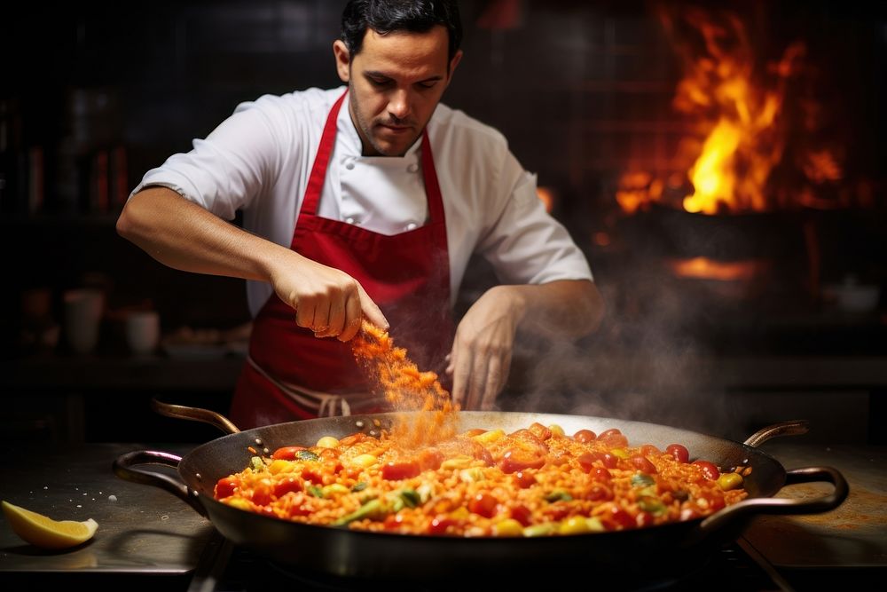 Chef cooking paella food adult pan.