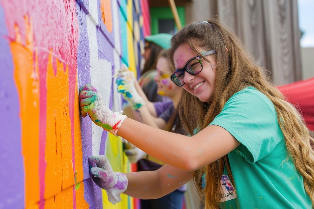 Students paint the exterior of a childcare center architecture accessories paintbrush.
