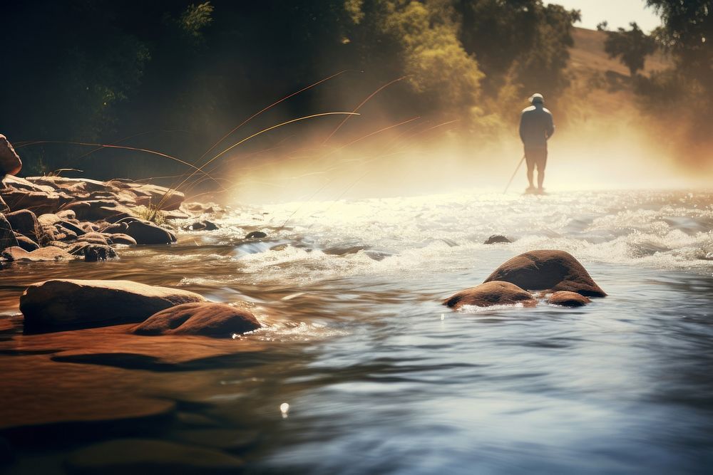 Man fishing at river landscape adventure sunlight.