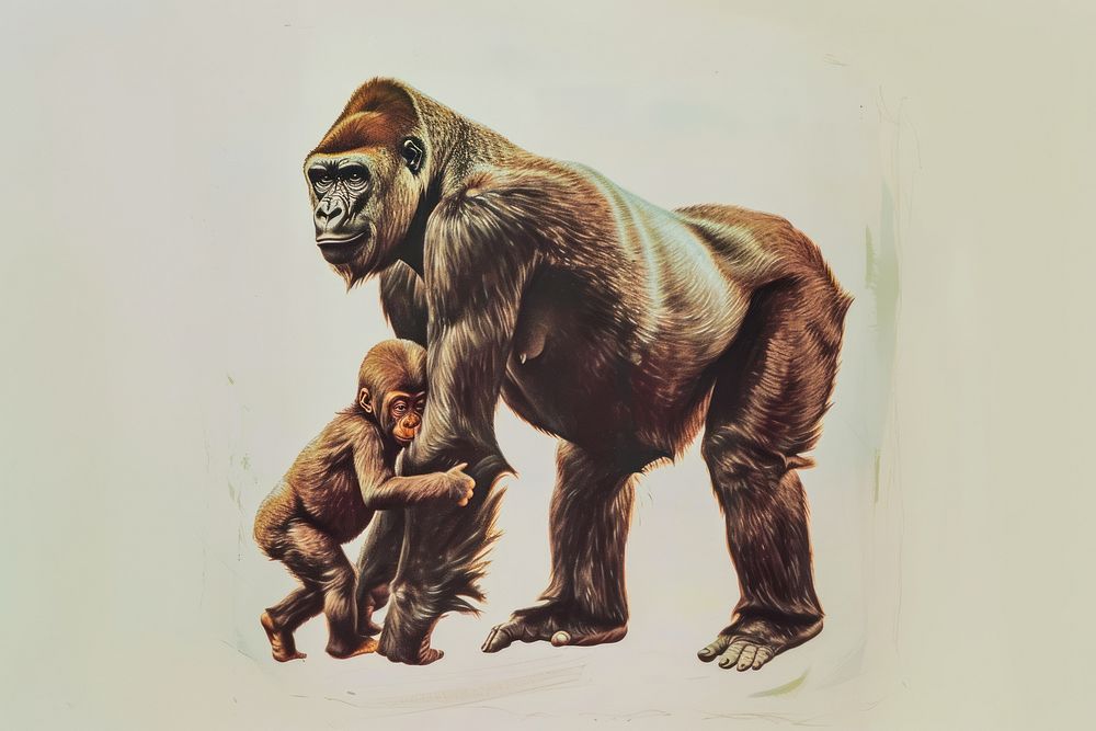 A gorilla mother and her child wildlife drawing mammal.