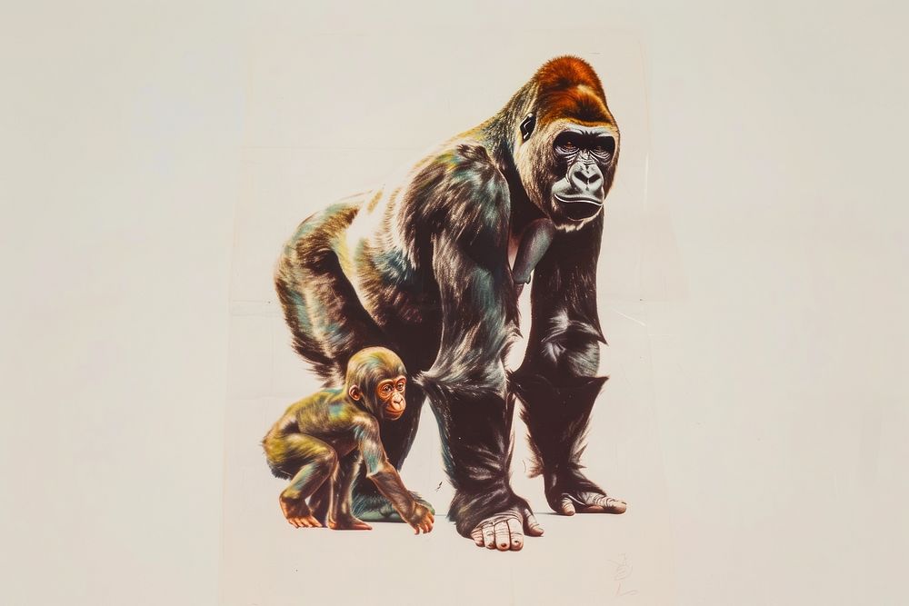 A gorilla mother and her child wildlife painting drawing.