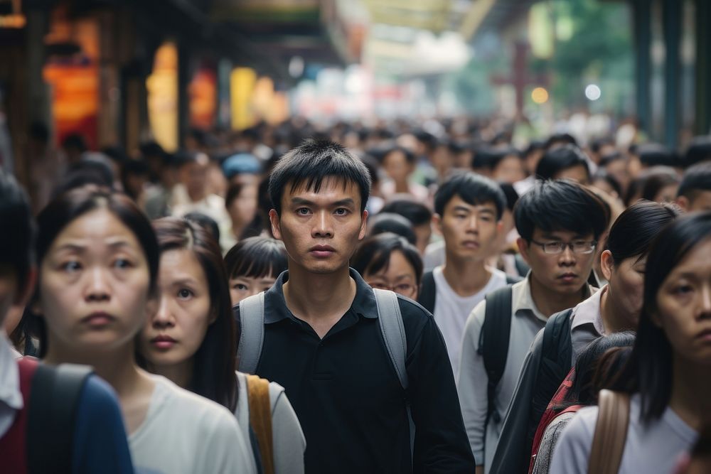 Crowd of Asian portrait walking street.