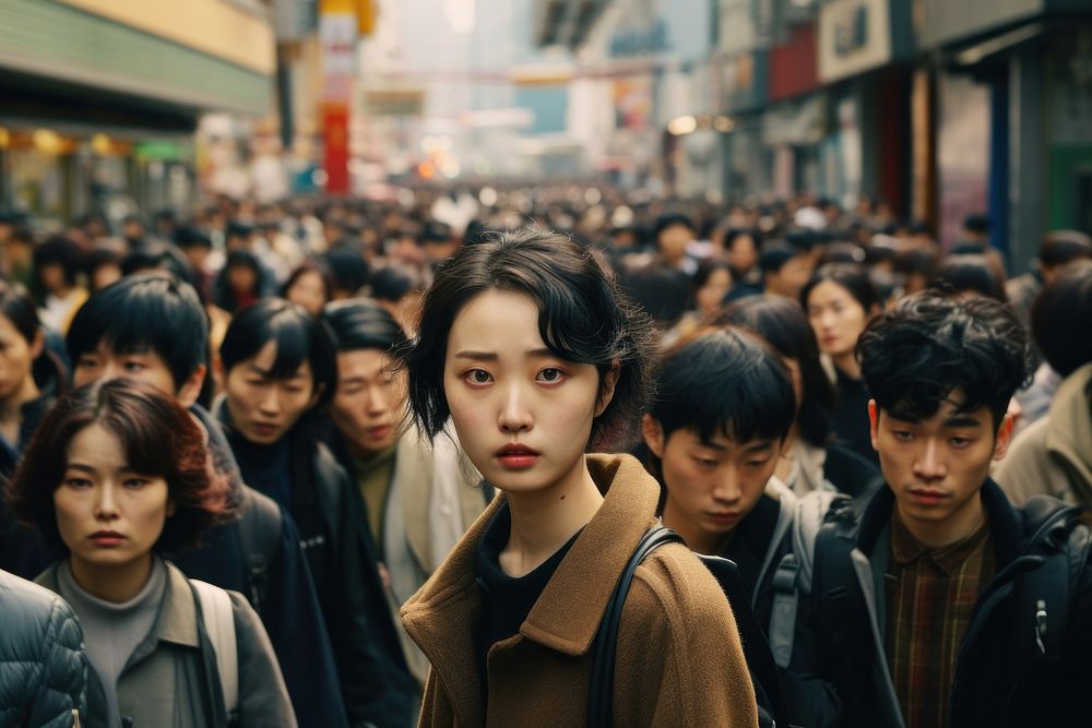 Crowd of Asian portrait walking street.
