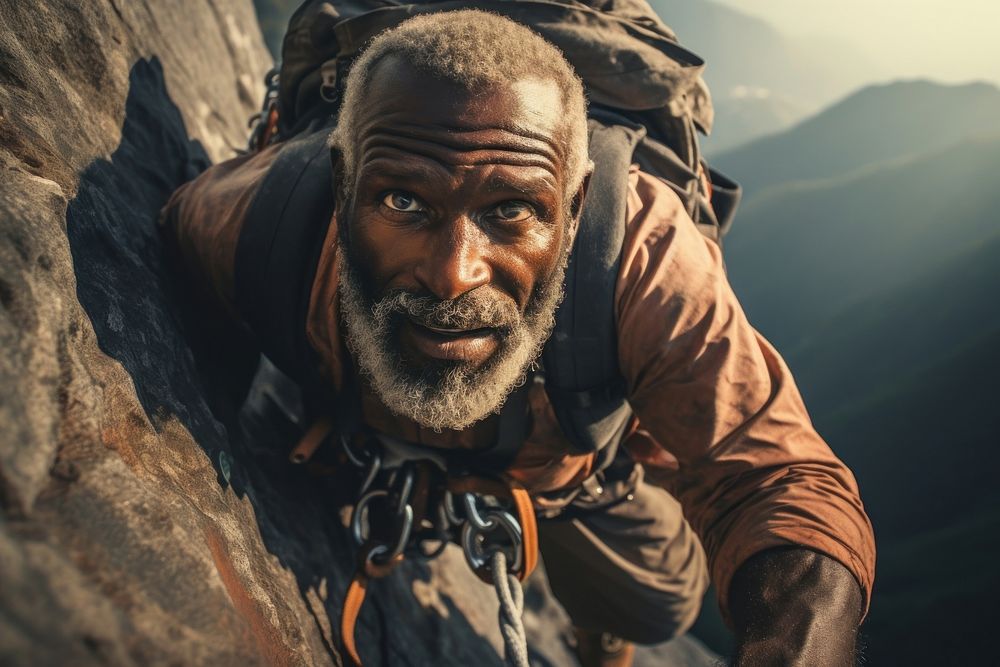 Strong mountain African senior climber adventure climbing portrait.