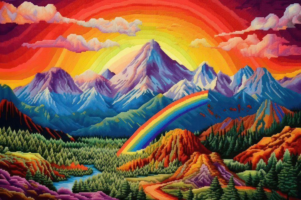 Sunset mountain view landscape outdoors painting.