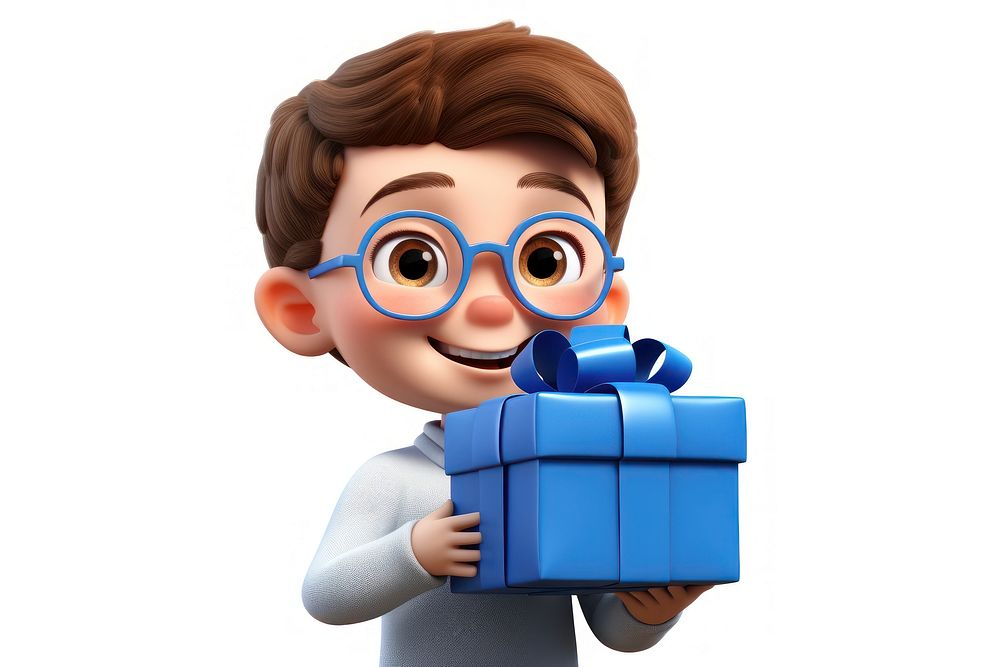 Boy holding big gift cartoon toy white background.