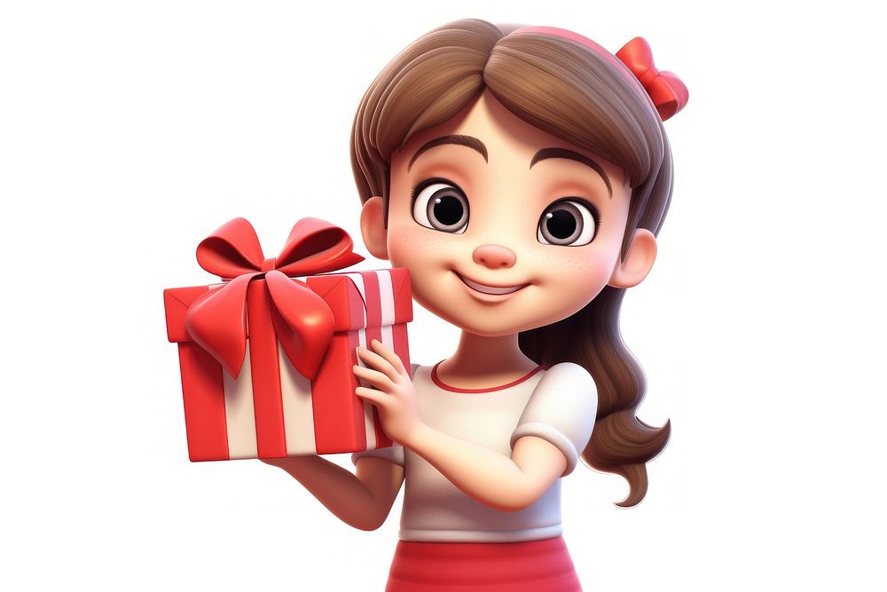 Girl holding big gift cartoon toy white background.