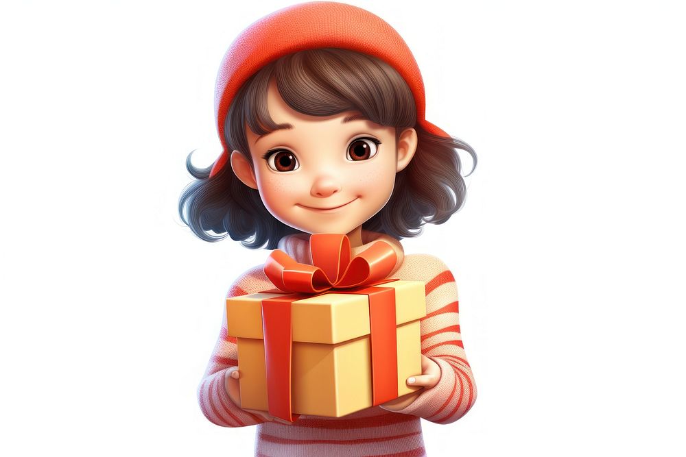 Girl holding big gift cartoon celebration happiness.