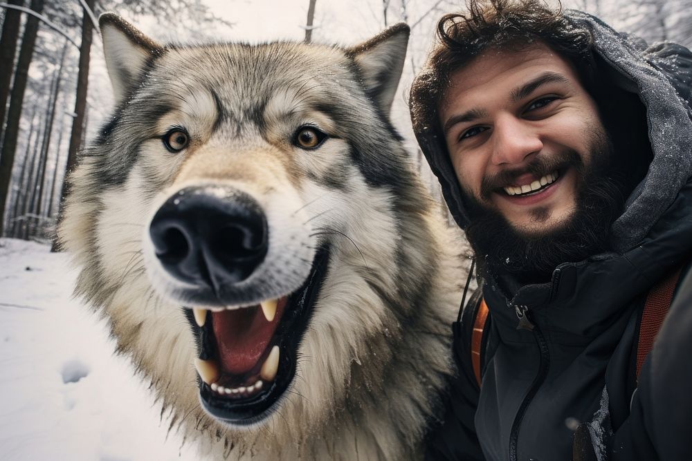 Selfie wolf portrait outdoors mammal.