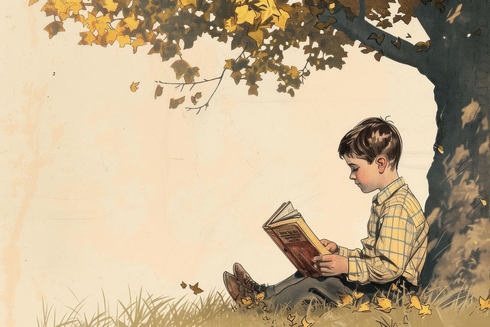 Vintage illustration of a boy reading book publication.
