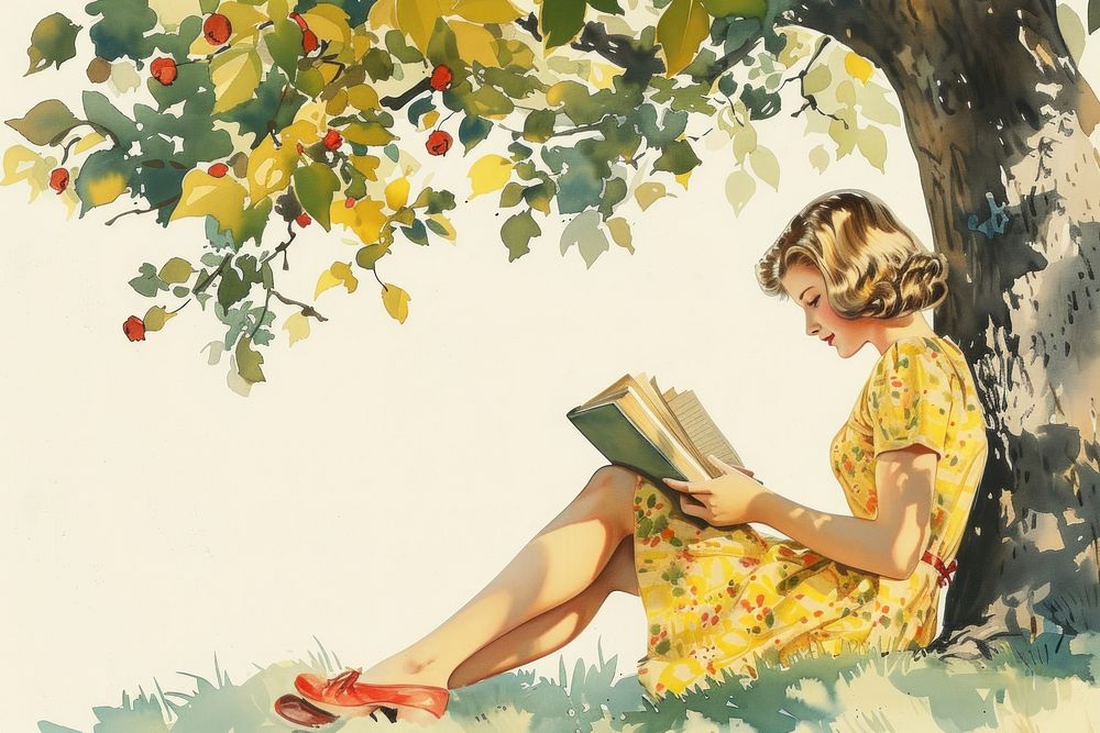 Vintage illustration of a girl reading book publication.