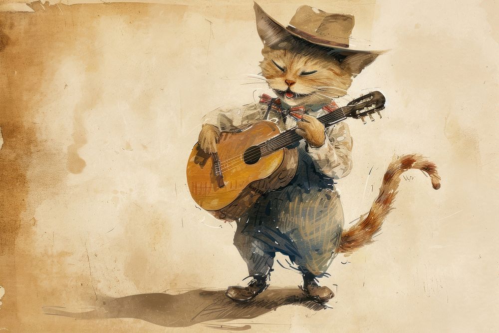 Vintage illustration of a happy alleycat guitar musician mammal.