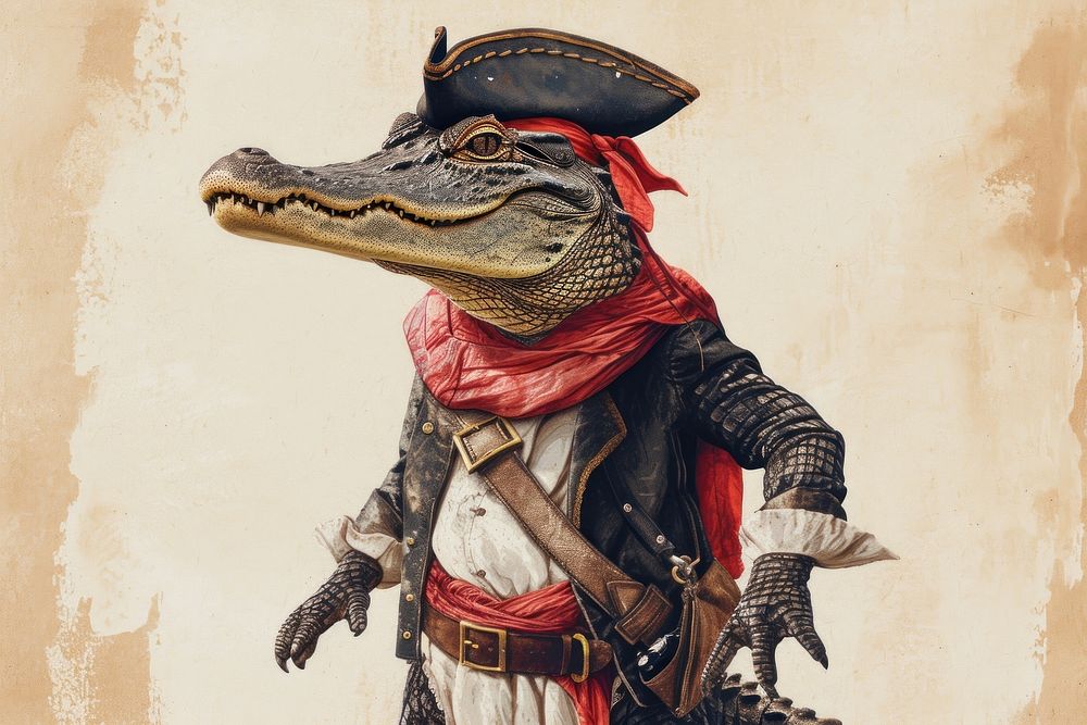 Vintage illustration of an alligator reptile animal pirate.