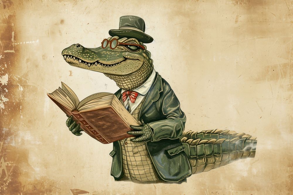 Vintage illustration of an alligator reptile animal book.