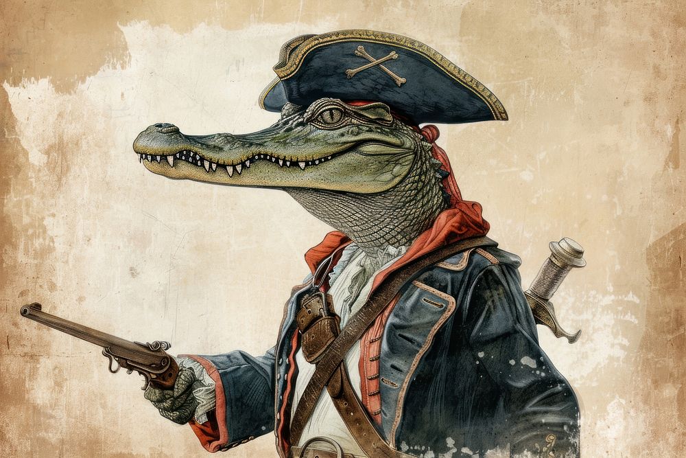 Vintage illustration of an alligator animal pirate representation.
