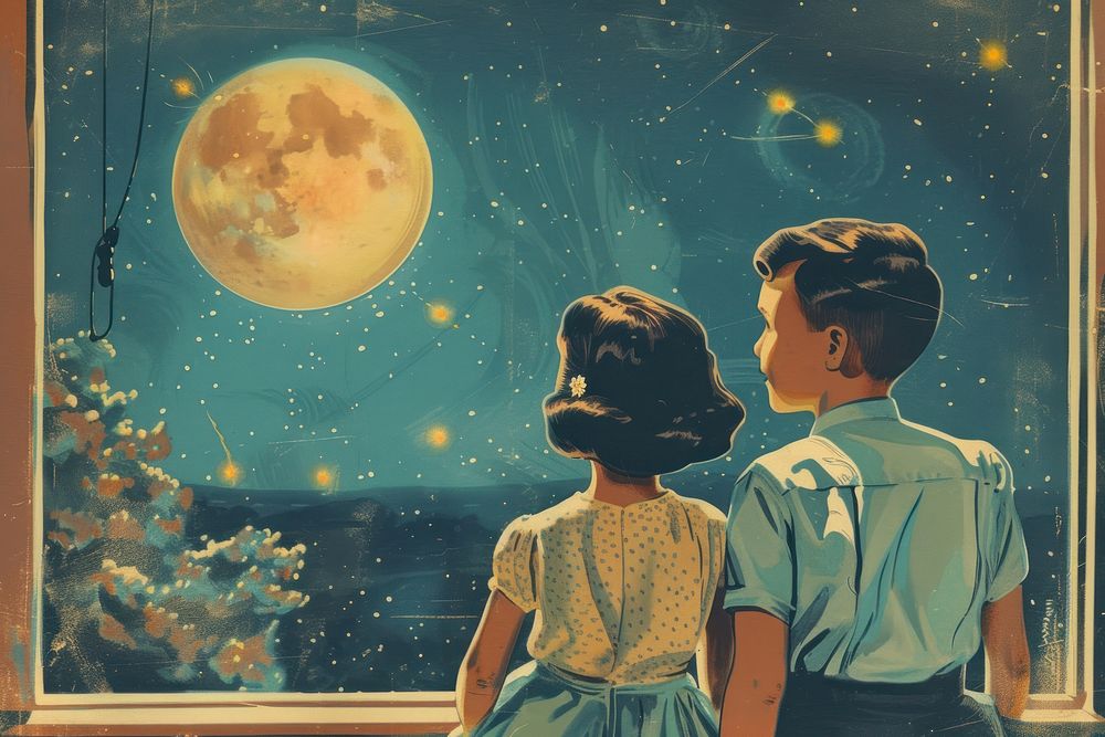 Vintage illustration boy and girl moon astronomy looking.