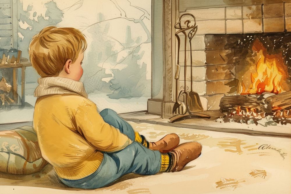 Vintage illustration boy fireplace sitting hearth.