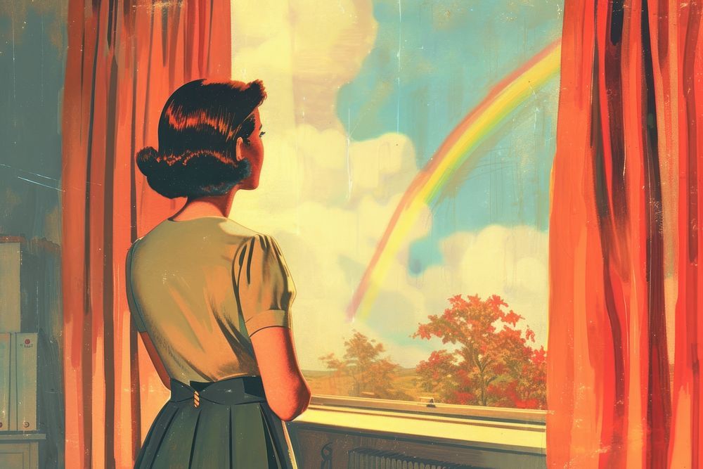 Vintage illustration girl rainbow art painting.