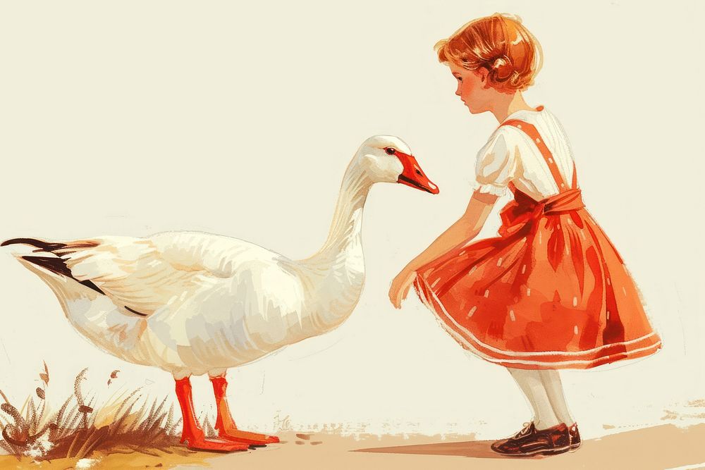 Vintage illustration girl goose animal adult.