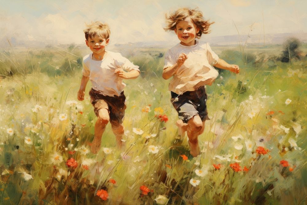 Kids playing in the field painting outdoors portrait.