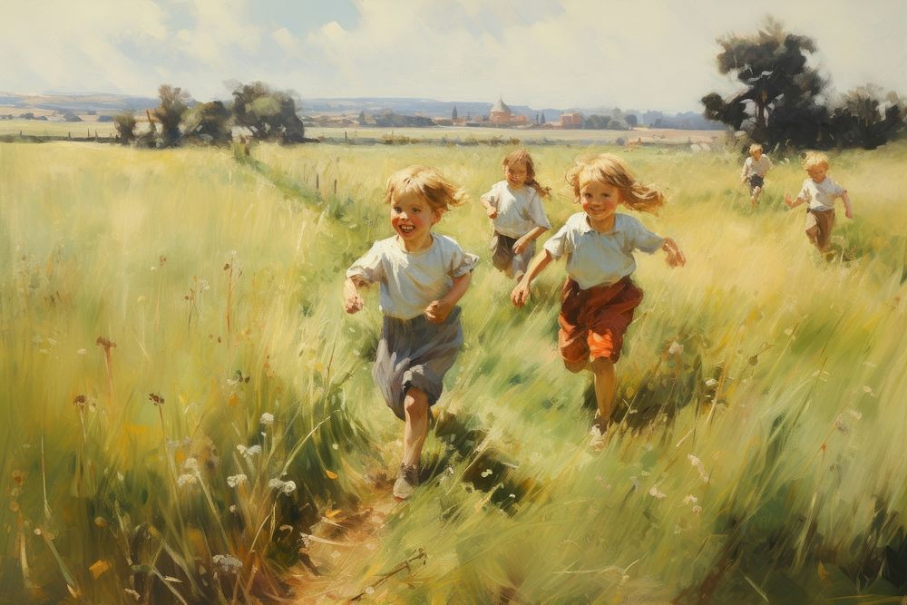Kids playing in the field painting landscape outdoors.