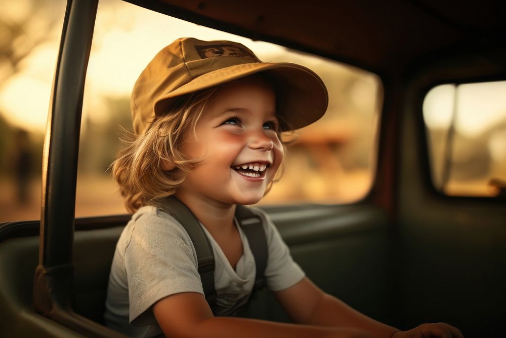 Kid at safari smile vehicle happiness.