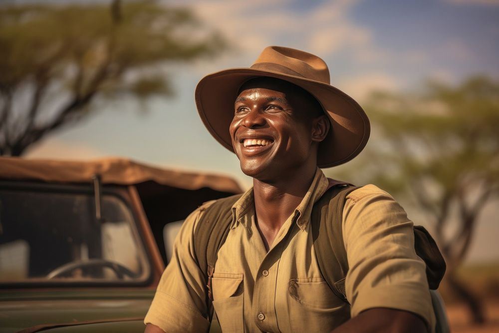 Man with safari vehicle smile adult happiness.