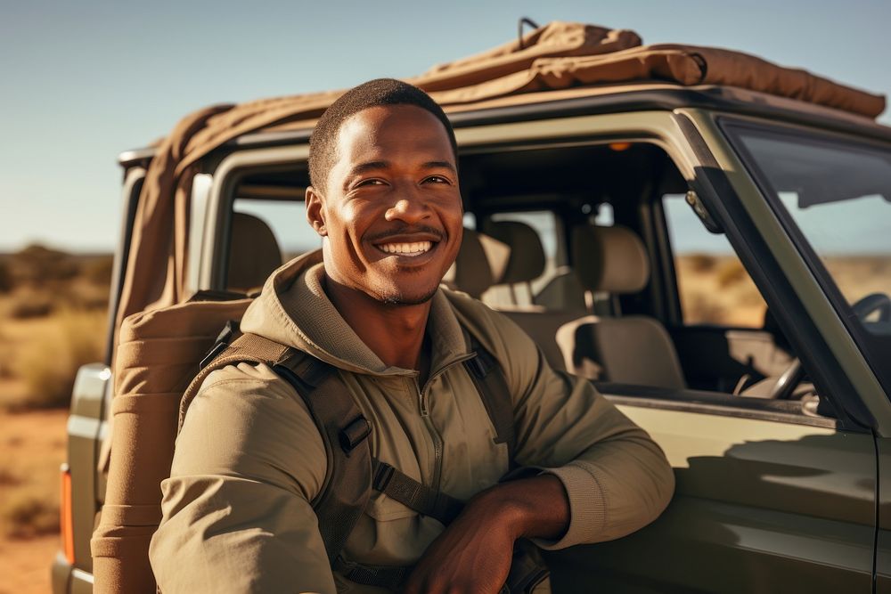 Man with safari vehicle smile adult car.