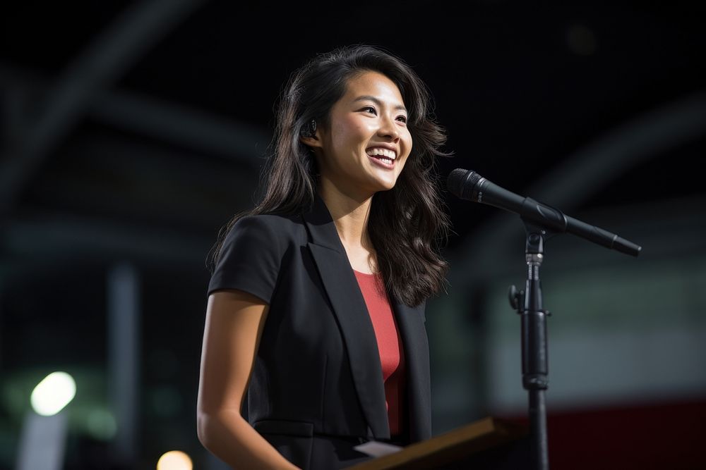 Asian woman speaker on professional stage microphone smiling adult.