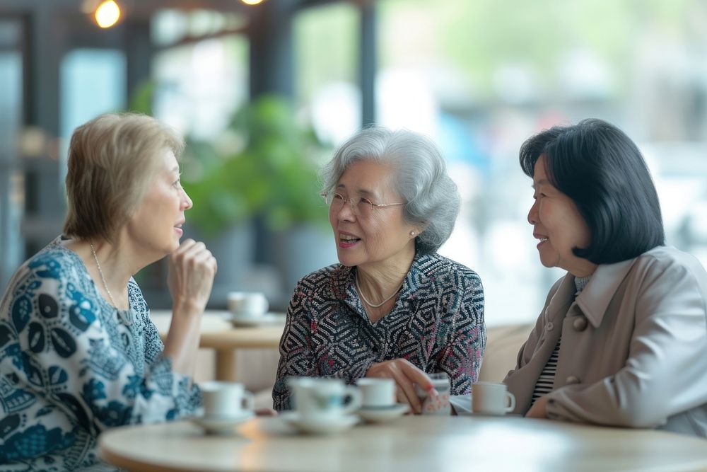 Diversity old women talk together adult table mug.