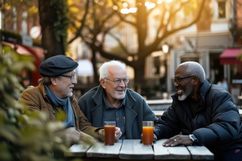 Diversity old men talk together adult table cup.