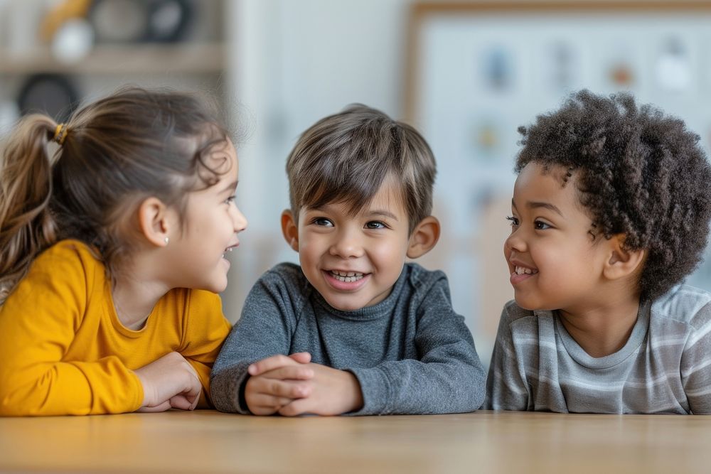 Diversity kids talk together child table togetherness.