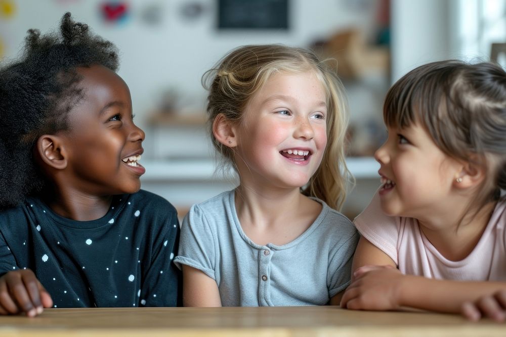 Diversity kids talk together child togetherness friendship.