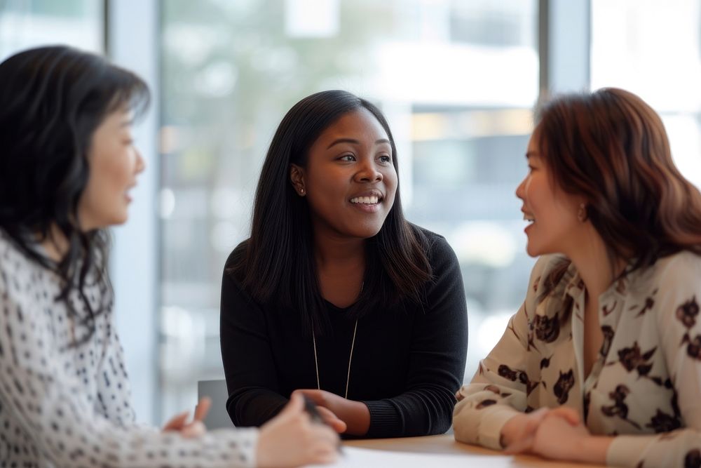Diversity women talk together conversation interview adult.