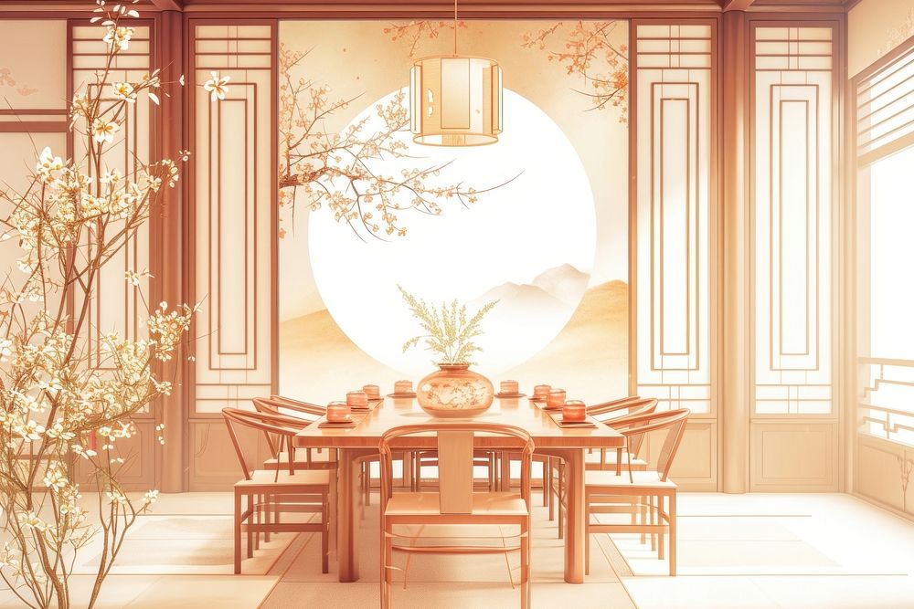Chinese dining room architecture furniture building.