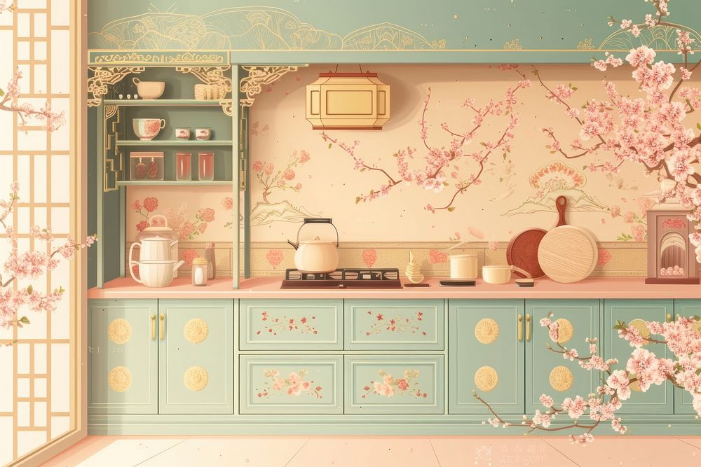 Chinese kitchen furniture cabinet flower.