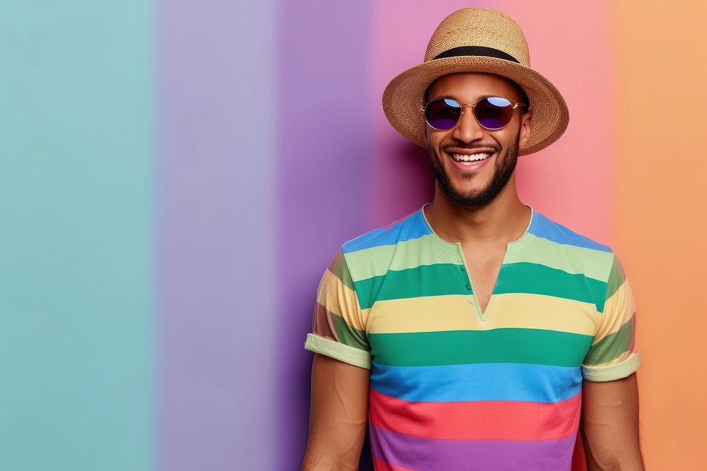 Cool LGBT young black man with fashionable clothing style full body on colored background laughing t-shirt adult.