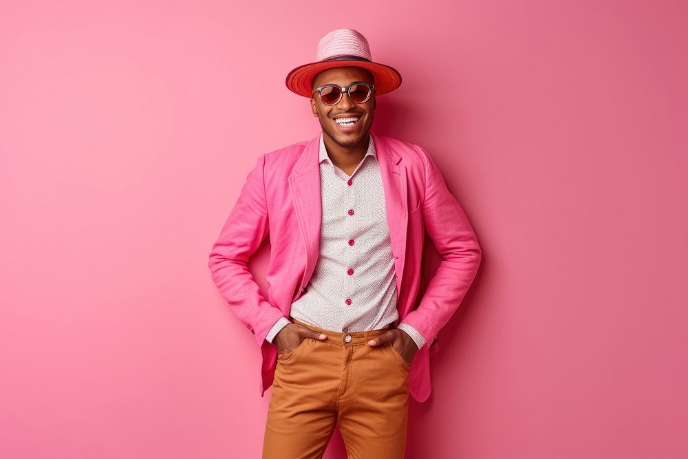Cool LGBT young black man with fashionable clothing style full body on colored background portrait adult fun.